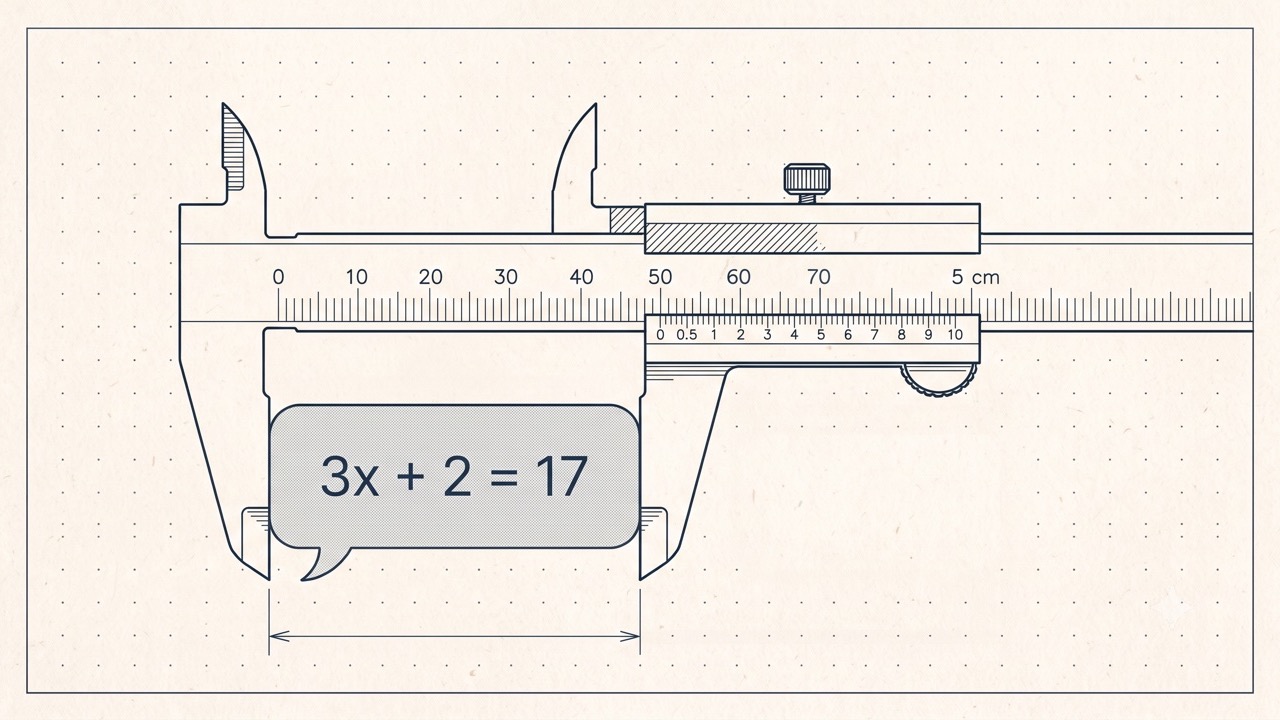 Technical line drawing of a vernier caliper measuring a speech bubble containing the equation 3x + 2 = 17, drawn in dark ink on cream drafting paper.