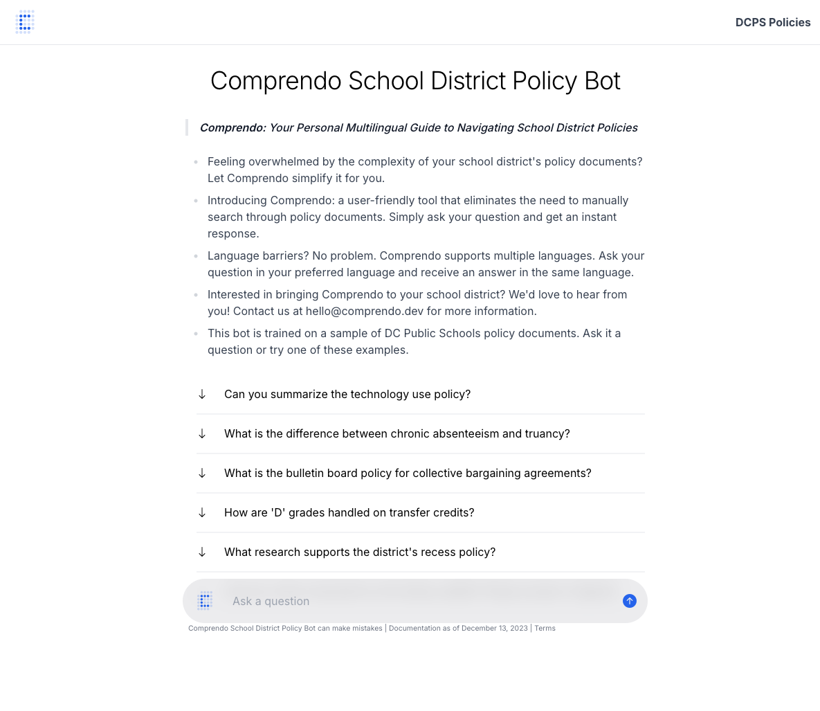 Knowledge assistant landing page with starter questions