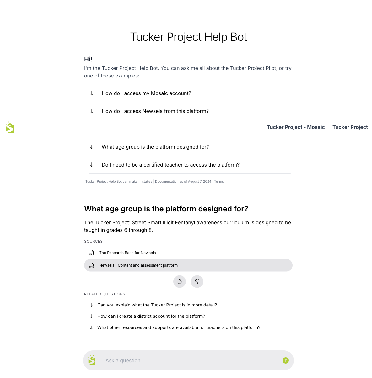 Response with sources, feedback buttons, and related questions